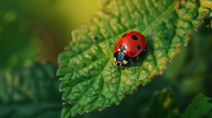 Fototapeta premium Macro shot of a red ladybug with black spots crawling on the bright green, veiny texture of a leaf