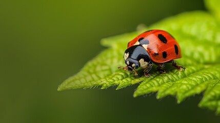 Naklejka premium Close-up view of a red ladybug with distinctive black spots on a green leaf with soft background light