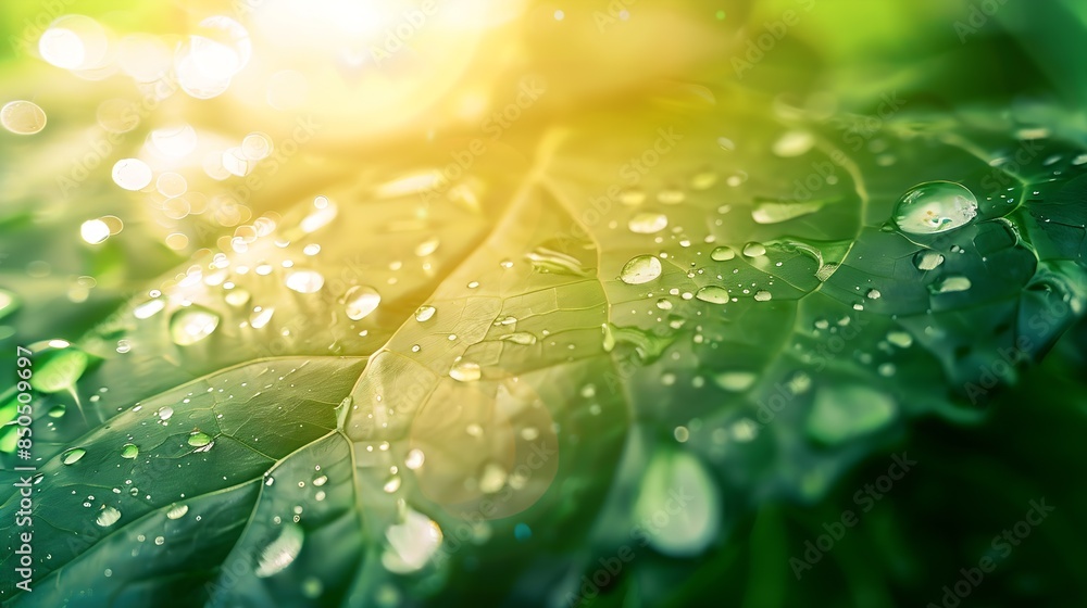 Poster large beautiful drops of transparent rain water on a green leaf macro drops of dew in the morning gl