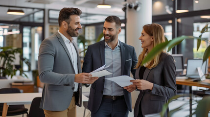 Smiling businesspeople discussing documents and ideas in meeting room at office