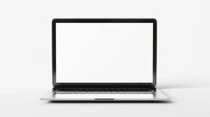 A professional frontal view of a sleek, silver laptop with a white blank screen, isolated on white