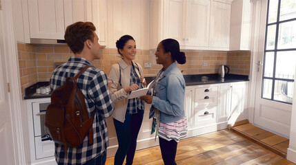 Young people standing in the kitchen talking to each other and looking at each other