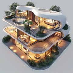Fototapeta premium Advanced 3D model of a future house, featuring integrated technology and modern architecture, exemplifying next-generation living.