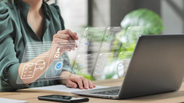 woman at computer takes driving license examination test online,person fills out questionnaire on virtual graphic screen gives right answer and gets the car driver licence on internet