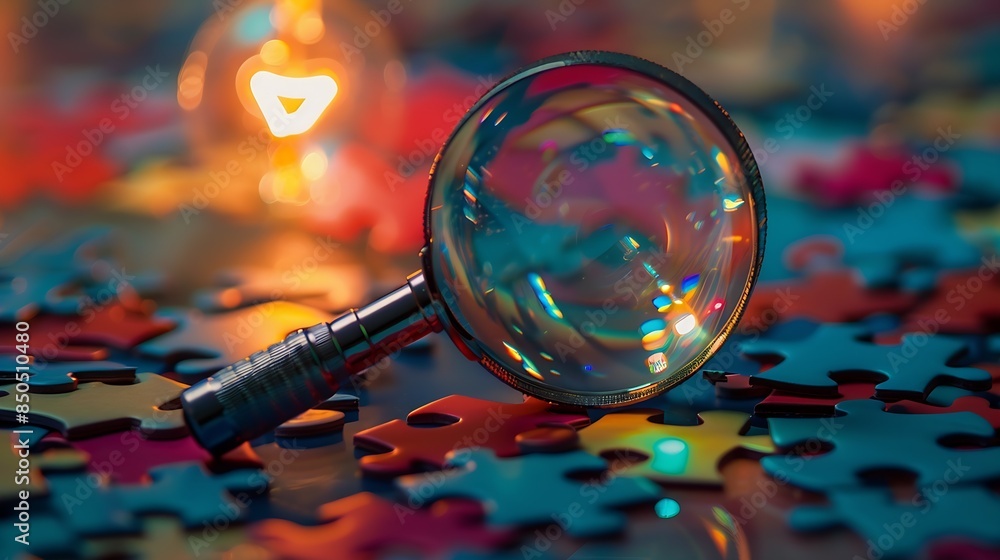 Aufkleber magnifier glass focus to idea creative light bulb with jigsaw planning development leadership and cu