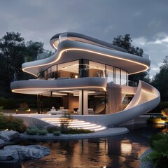 Fototapeta premium Innovative house design with futuristic technology, captured in detailed 3D rendering, showcasing a seamless blend of form and function.