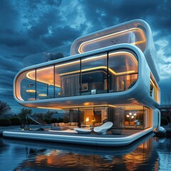 Fototapeta premium Modern house of the future with advanced technology, depicted in stunning 3D detail, highlighting innovative home features.