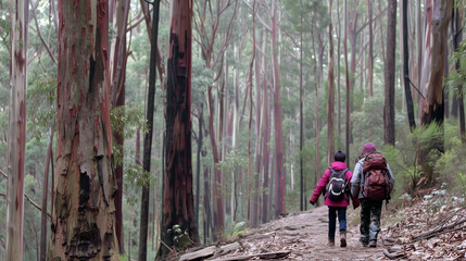 Obraz premium Mother and daughter hiking in the Eucalyptus forest, Australia