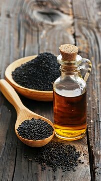 Black Cumin Seeds and Oil on Rustic Wooden Surface