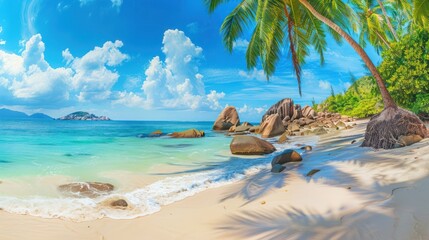 Tropical Beach Paradise with Palm Trees and Granite Rocks
