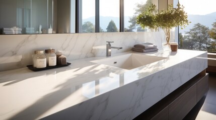 White marble countertop in a modern bathroom.