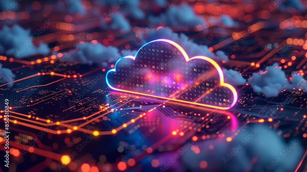 Aufkleber futuristic cloud computing concept with neon lights, representing data storage and technology innova