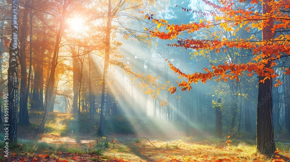 Poster autumn forest nature vivid morning in colorful forest with sun rays through branches of trees scener