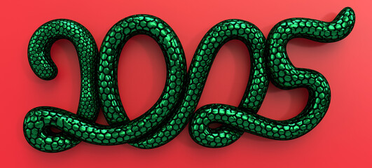 Happy New Year 2025 text design. 3d volumetric font. Number 2025 in the shape of a green snake on red background. Y2K style lettering for New Year greeting card. 2025 with snake scale texture