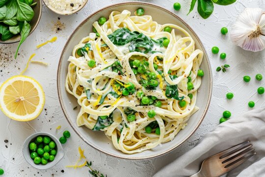 Creamy lemon pasta with peas and spinach