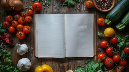 Open recipe book surrounded by fresh vegetables