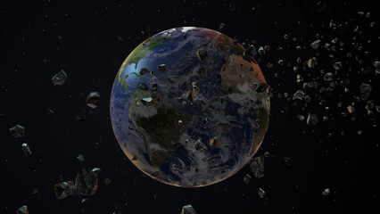Earth from space with asteroids