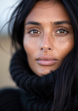 portrait en gros plan d'une belle jeune femme brune bronz&eacute;e au regard intense