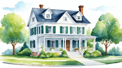 cute house watercolor painting front facade exterior on plain white background art