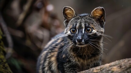 A vivid image capturing a civet in its natural environment with a soft-focus woodland background