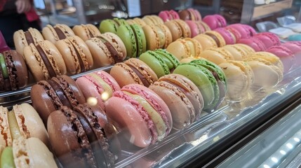 Macaron display at pastry shop - A colorful display of various flavored macarons in a pastry shop, showcasing an inviting assortment for customers