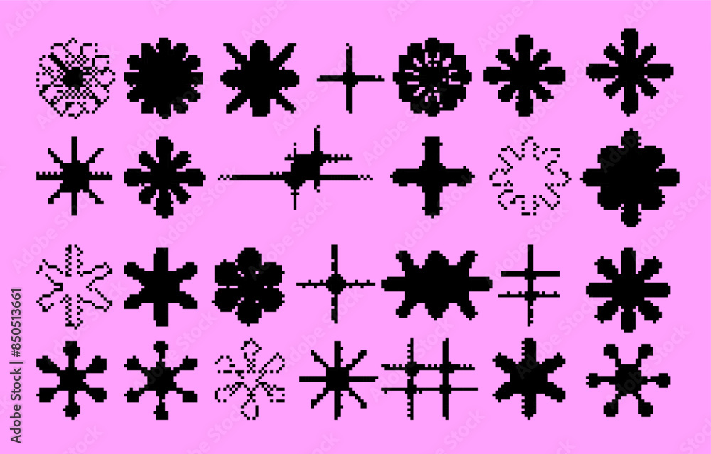 Poster Set of trendy different bitmap star-shaped elements. Retrofuturistic pixel art style.