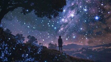 Obraz premium Person gazing at a starry night sky - A lone individual stands looking up at a vibrantly star-filled sky with glowing city lights in the valley below