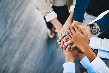 Group, business people and hands in stack for teamwork, collaboration or diversity in workplace...