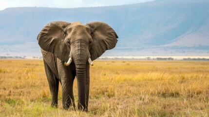 Obraz premium African elephant standing in the savannah with a mountainous background, showcasing nature and wildlife