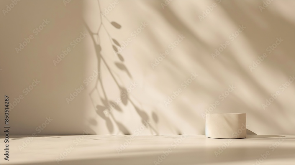 Aufkleber Minimalistic abstract gentle light beige background for product presentation with light andand intricate shadow from the window and vegetation on wall : Generative AI
