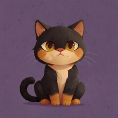 Cute Cartoon Black Cat on a Purple Background

