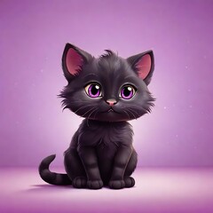 Cute Cartoon Black Cat on a Purple Background

