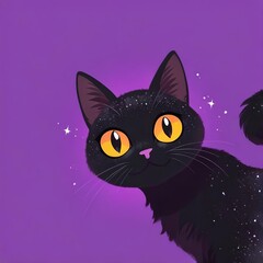 Cute Cartoon Black Cat on a Purple Background

