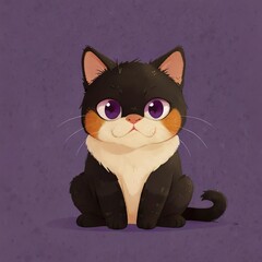 Cute Cartoon Black Cat on a Purple Background

