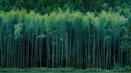 Misty green bamboo forest background - A serene green bamboo forest is shrouded in mist, creating a feeling of tranquility and mystery