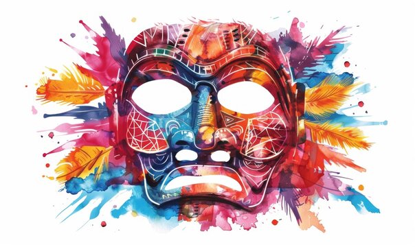 A vibrant watercolor illustration of a Tongan mask, rendered in a flat design style