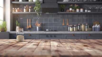 Empty wooden tabletop in scandinavian style kitchen with gray furniture Countertop with various jars and tableware in apartment with minimalist bright interior : Generative AI