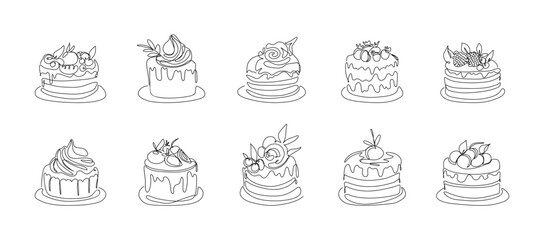 One line drawing of cakes. Continuous contour sketch of pastry dessert, minimal sweet bakery outline icons, cafe menu concept. Vector isolated set