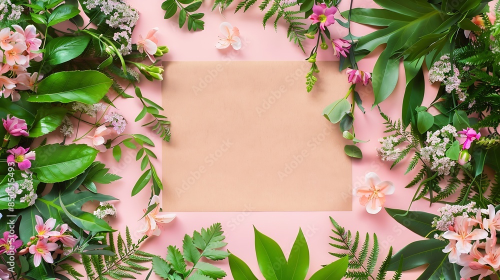 Poster creative layout made of flowers and leaves with paper card note flat lay nature concept : generative