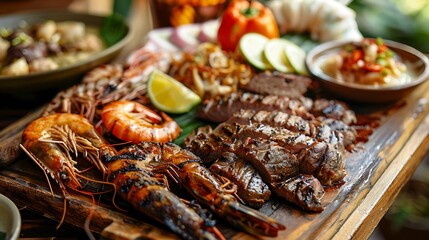 Healthy and delicious steak food with seafood on the beach shop