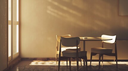 Modern interior design of apartment dining room with table and chairs empty living room with beige wall panorama : Generative AI