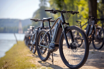 Fototapeta premium Electric Bikes at a Charging Dock. Background with selective focus and copy space