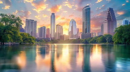Fototapeta premium A panoramic view of a city skyline dominated by towering skyscrapers reflecting the sunset
