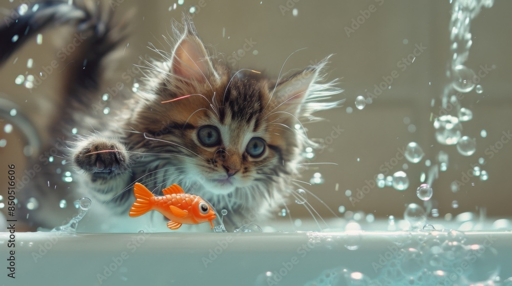 Poster a playful kitten chasing after floating toy fish in a bathtub filled with bubbles