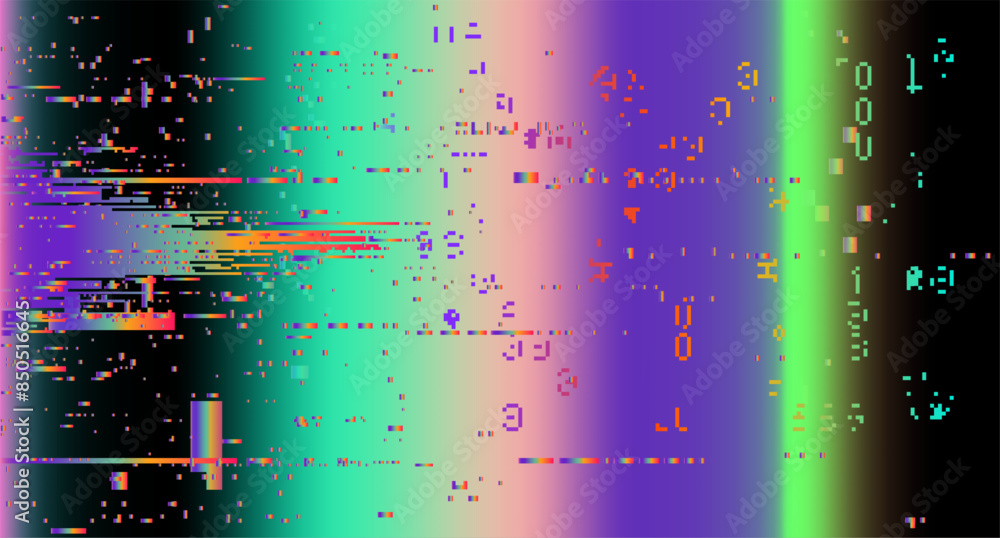 Poster lo-fi glitched vector background with pixel rainbow ambient flickers.