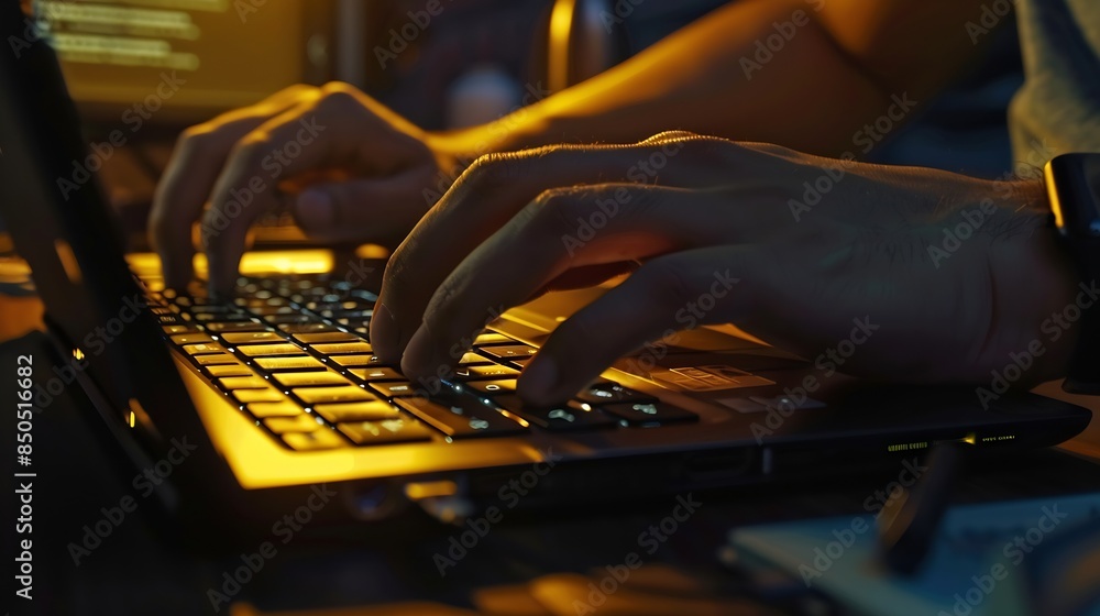 Leinwandbilder Close up of freelancers developer hands typing program code on laptop keyboard in coworking Businessman at work in working in office Copywriter writing text on computer keyboard in cof : Generative AI