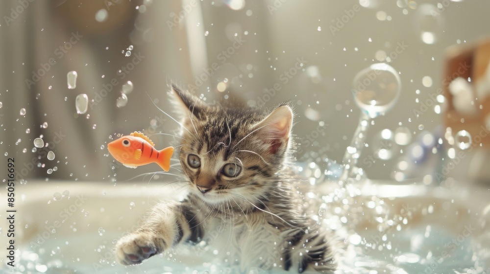 Poster a playful kitten chasing after floating toy fish in a bathtub filled with bubbles