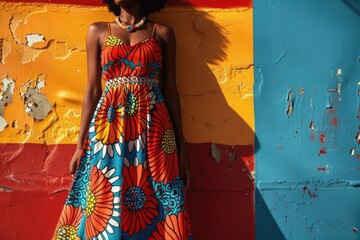 woman wearing bright patterned dress walking in the street. ai generated