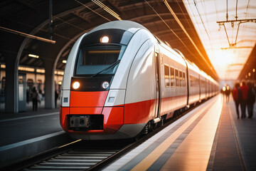 Fototapeta premium Electric Train in a Modern Station. Background with selective focus and copy space