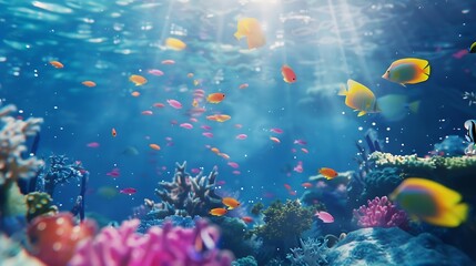 underwater coral reef landscape 16to9 background  in the deep blue ocean with colorful fish and marine life : Generative AI